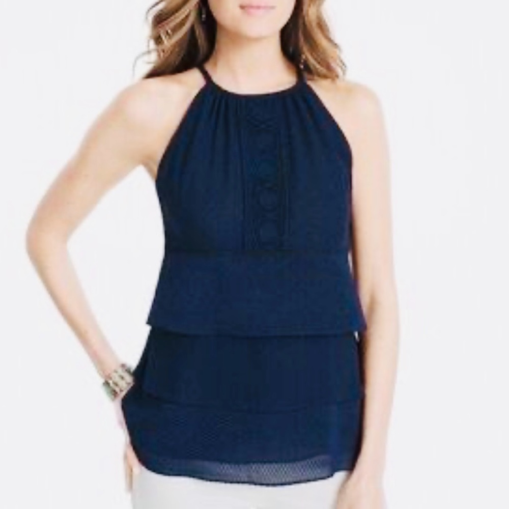 White House Black Market Navy Halter Sleeveless Layered Jacquard Textured Top XS